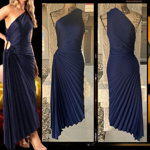 Petal & Pup Navy One Shoulder Pleated Asymmetrical Kleo Midi Dress Size M